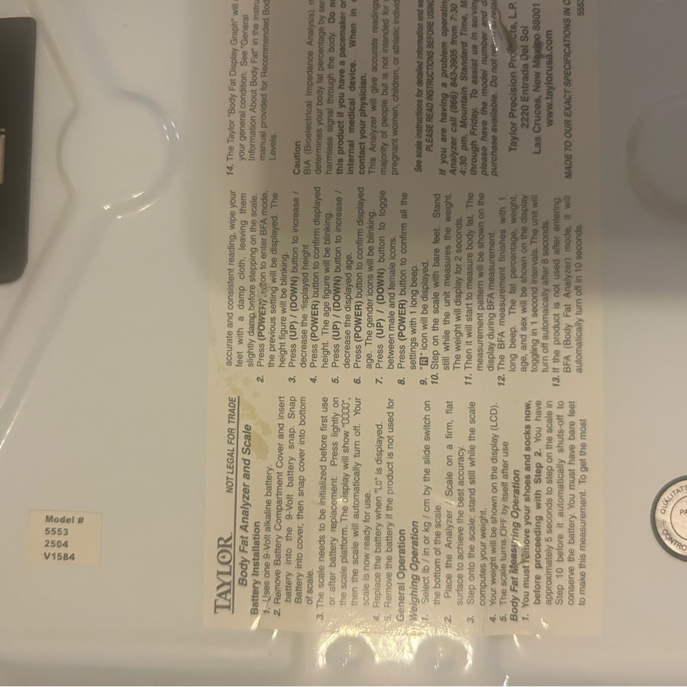 Taylor Body Fat Analyzer & Scale - Picture 3 of 3
